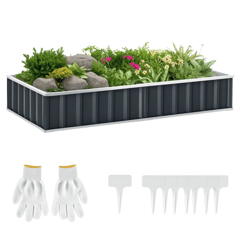 Outsunny Caixa de Plantio de Aço Inclui Luvas Caixa de Plantio Retangular para Cultivos de Plantas e Flores para Terraço Balcão Exterior 174x90x30 cm Cinza