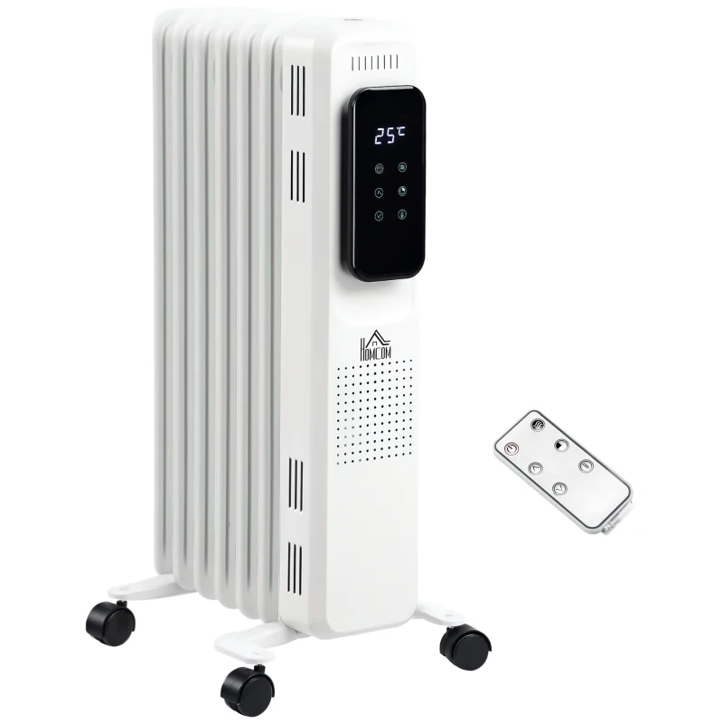 HOMCOM 1500W Oil Filled Radiator, 7 Fin Portable Electric Heater with LED Display, 24H Timer, 3 Heat Settings, Adjustable Thermostat, Safety Cut off, Remote Control, White