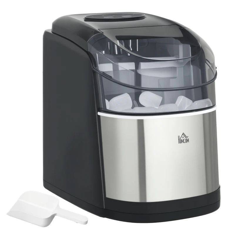 HOMCOM Macchina del Ghiaccio Autopulente da 9 Cubetti in 6-12 Minuti, in PP e Acciaio Inox, 24.2x35.3x33 cm, Nera