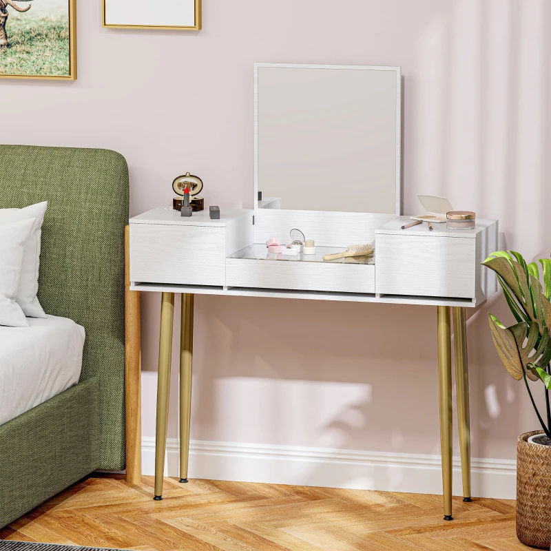 HOMCOM Tocador de Maquilhagem com Espelho Bancada de Vidro 3 Gavetas Mesa de Maquilhagem Moderna 105,5x30x130,5 cm Branco