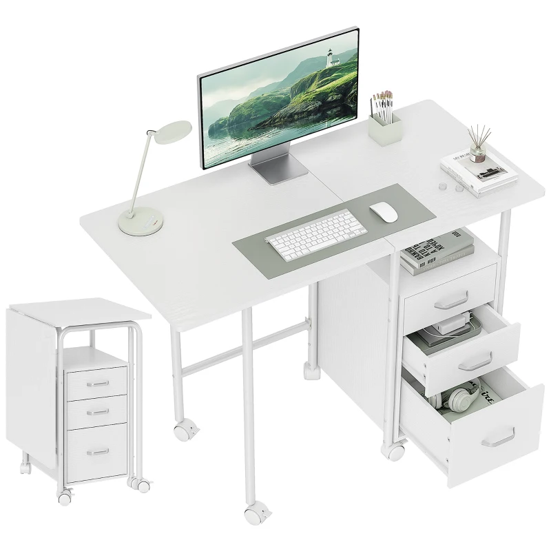 HOMCOM Scrivania per computer pieghevole su ruote, scrivania con ripiani, 3 cassetti, piano estensibile, 105x51x75,5cm, bianco