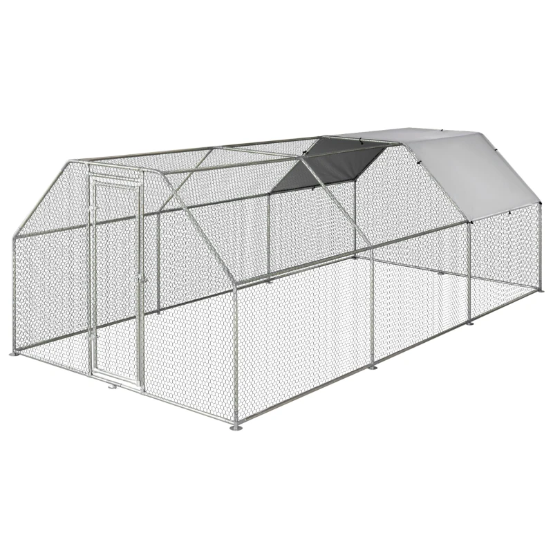 PawHut Gallinero de Exterior 2,8x5,7x1,95 m Gallinero Grande Cubierta de Tela Oxford y Corral de Metal Galvanizado Plata