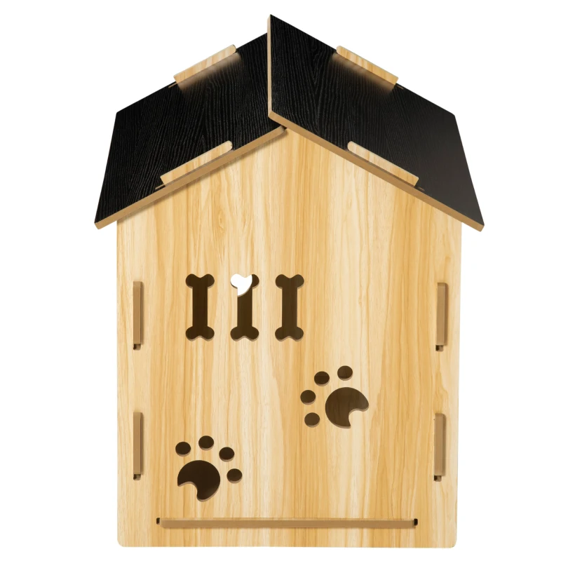 PawHut Hundehütte, mit Lüftungsöffnungen, wetterfest, Holzmaterial, Schwarz+Holzfarbe, 69 x 50 x 58,5 cm