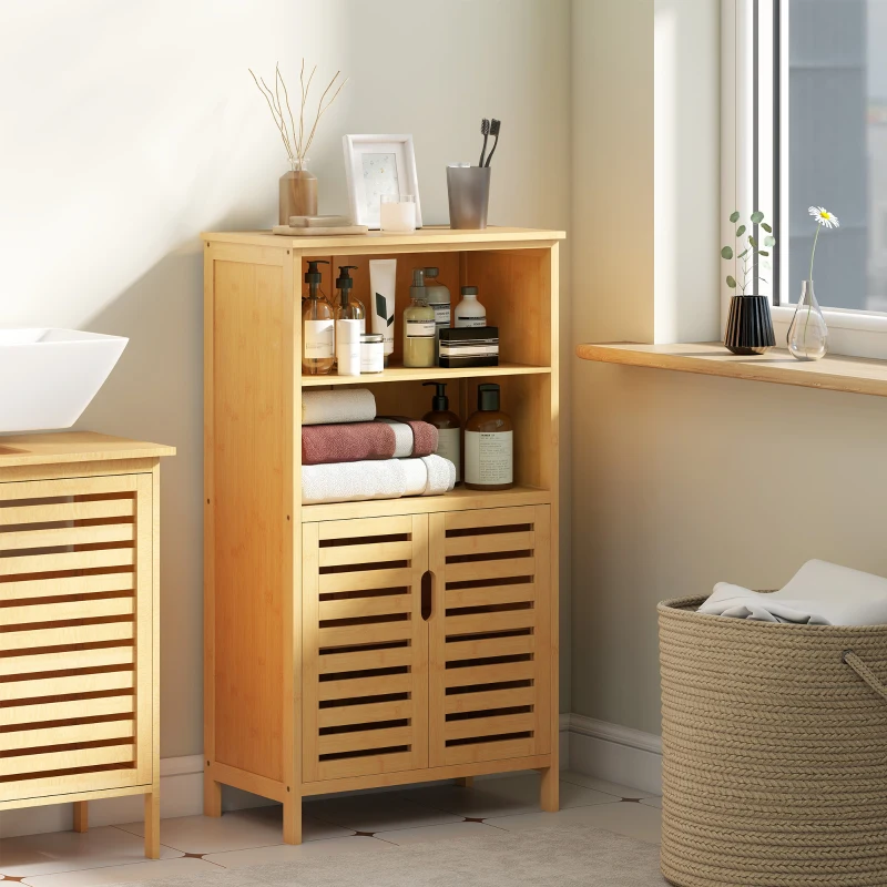 kleankin Armário Casa de Banho de Bambu Móvel Auxiliar Casa de Banho com 2 Portas 2 Prateleiras Abertas 50x29x92 cm Madeira