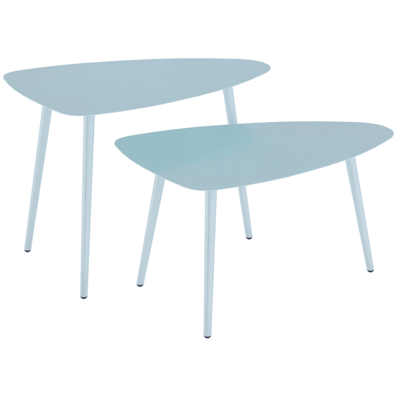 Outsunny Lot de 2 tables basses de jardin, tables d'appoint gigognes triangulaires, cadre en acier patins ajustables bleu clair