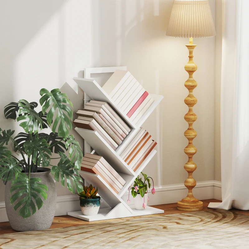 HOMCOM Estantería en Forma de Árbol con 5 Estantes y Sistema Antivuelco para Salón Dormitorio 50x24x82 cm Blanco