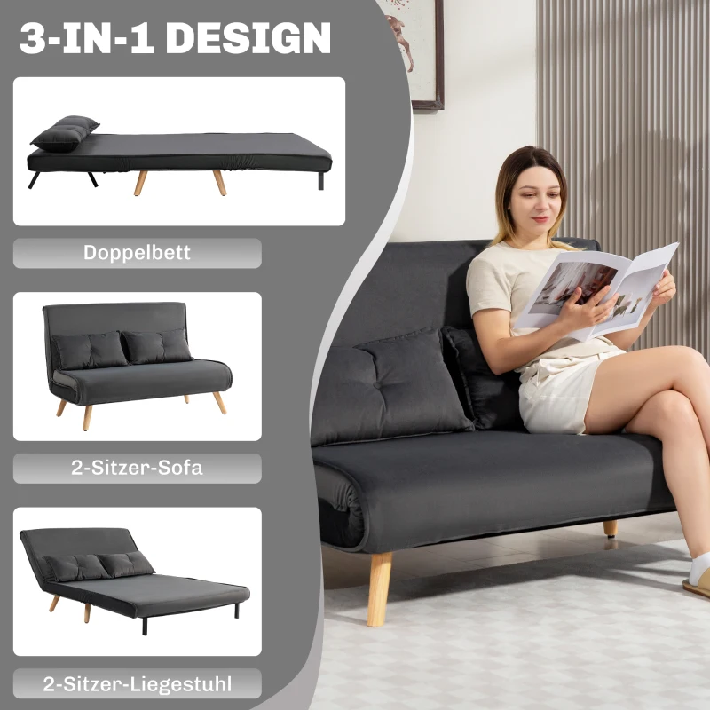 HOMCOM 2-Sitzer-Schlafsofa, Bettsofa, in Bett umwandelbare Couch, verstellbare Rückenlehne, Stoffbezug, Metallrahmen, Grau(m-4)