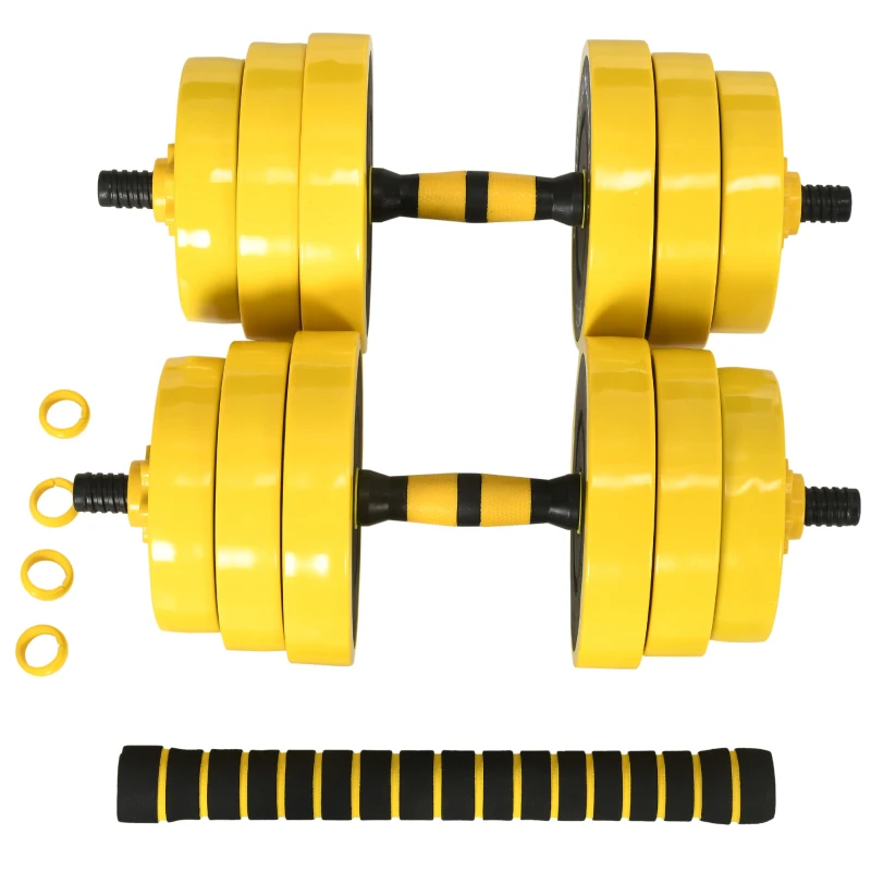 HOMCOM 25 kg Hantel & Langhantel,Einstellbare ergonomische 3-in-1 Hantelset,12 × Platten,2 × Kurze Stöcke,1 × Langer Stock,Gelb+Schwarz