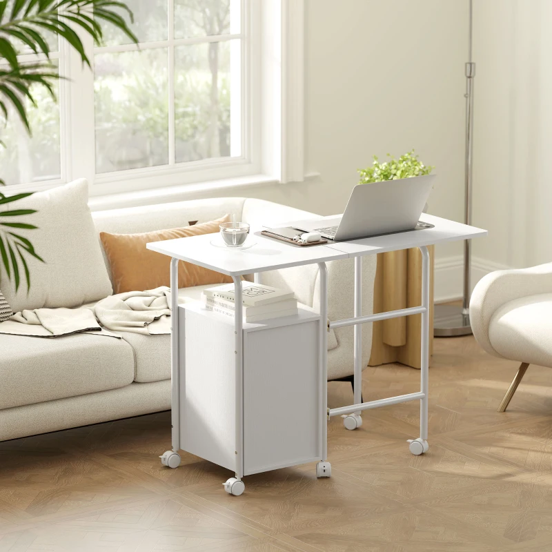 HOMCOM Escritorio de ordenador plegable con ruedas, escritorio con almacenamiento, 3 cajones, tablero extensible, 105x51x75,5cm, blanco