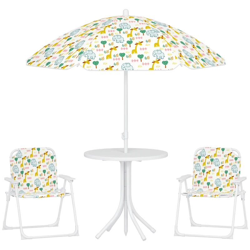AIYAPLAY Ensemble salon de jardin extérieur enfant 4 pièces, motif éléphant et girafe, parasol réglable Ø 100 cm, chaise pliable
