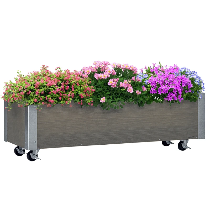 Outsunny Strat Înălțat de Grădină cu Roți, Frână și Strat din Nețesut cu Orificii de Drenaj, 96x30.6x30 cm, Gri Deschis