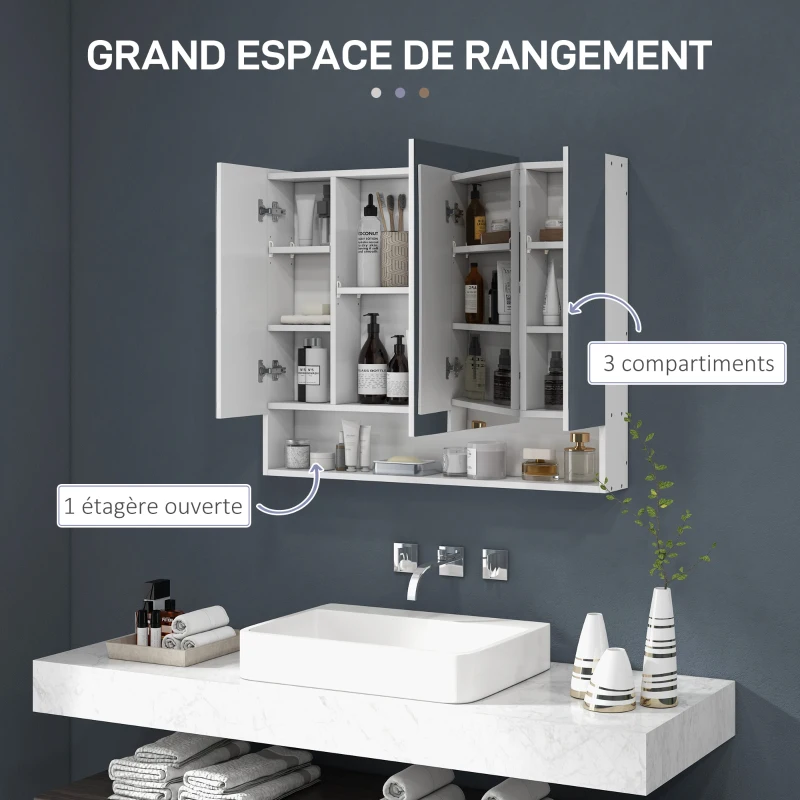 kleankin Armoire murale salle de bain avec miroir, armoire de toilette 3 portes miroir, étagères réglables, 90x15x75cm, blanc