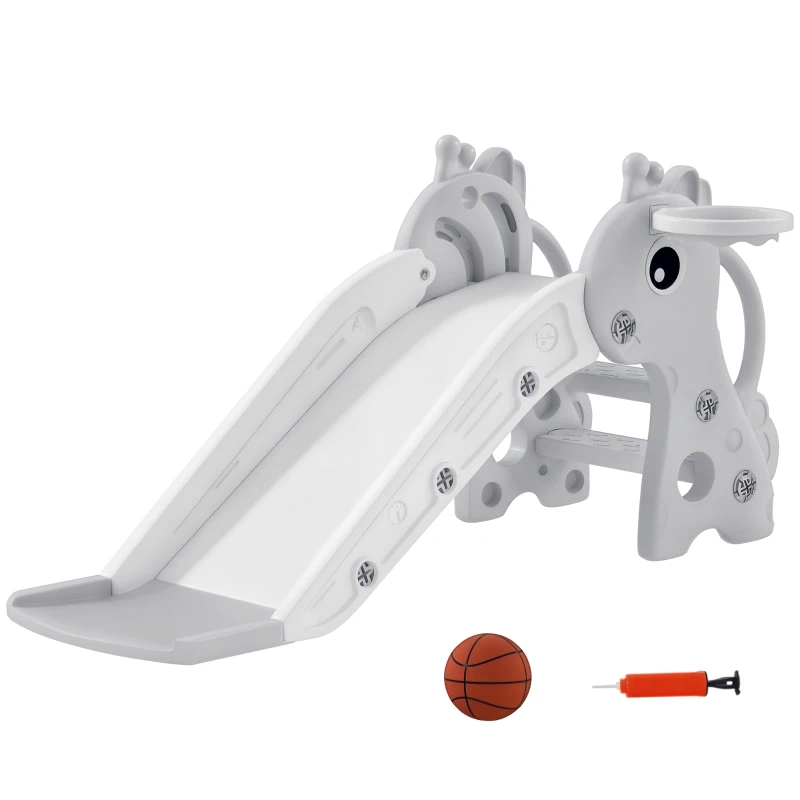 AIYAPLAY Escorrega para Crianças 3 em 1 com Escada Tabela de Basquetebol e Desenho de Girafa 106x51,5x52 cm Cinzento