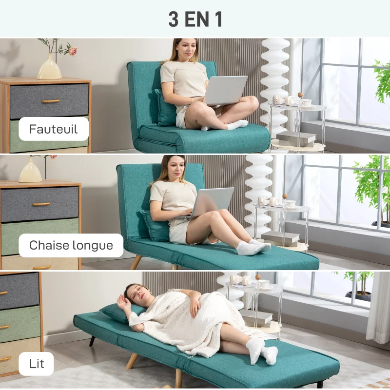 HOMCOM Fauteuil convertible 1 place canapé-lit clic-clac 3 en 1 avec dossier réglable en 5 positions, oreiller inclus, vert