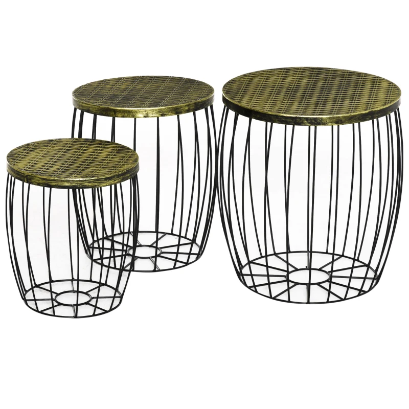 Outsunny Juego de 3 Mesas Auxiliares Apilables para Jardín de Estilo Industrial Mesas de Metal con Encimera Imitación Ratán Negro