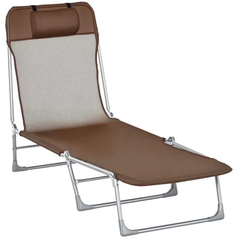 Outsunny Bain de soleil transat chaise longue inclinable pliable avec oreiller dossier réglable sur 5 niveaux marron