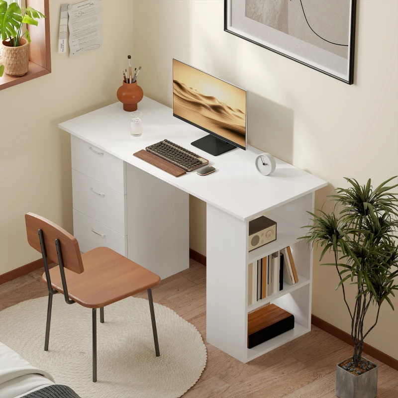 HOMCOM Bureau avec rangement, table informatique 120 x 50 cm, bureau d'ordinateur avec étagères et tiroirs, pour petits espaces, chambre à coucher, blanc