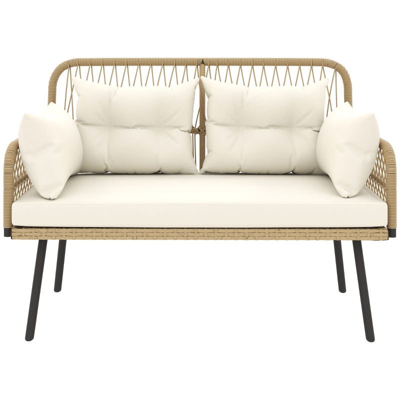 Outsunny Canapé de jardin avec coussins et oreillers 2 places en résine tressée, canapé d'extérieur avec accoudoirs bois naturel
