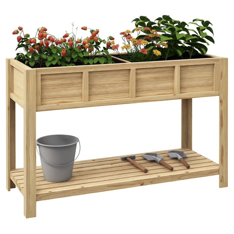 Outsunny Jardinière sur pieds avec séparateur amovible, étagère, Inserts d'irrigation, feutre de drainage 115L x 46l x 75H cm