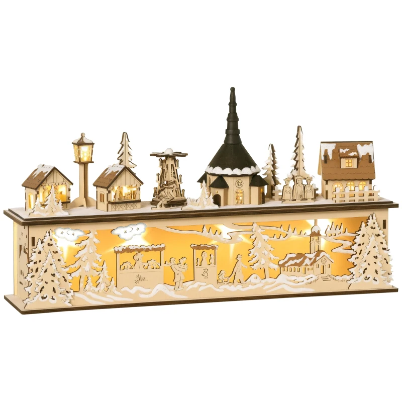HOMCOM Village de Noël Lumineux en Bois Décoration de Noël Maison miniature sur table avec 10 LED Blanc Chaud - 45 x 10 x 25 cm