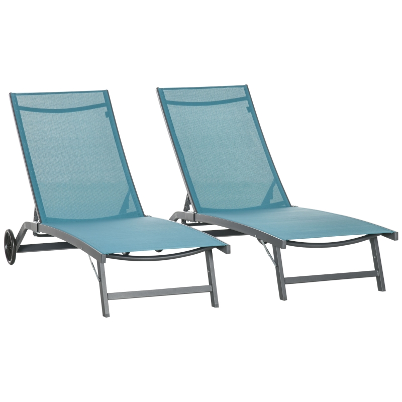 Outsunny Juego de 2 Tumbonas Reclinables de Jardín de Aluminio con Respaldo Ajustable y Ruedas 165x66x102 cm Azul y Gris