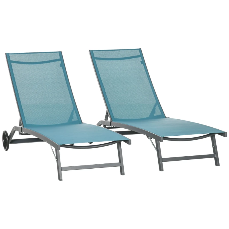 Outsunny Juego de 2 Tumbonas Reclinables de Jardín de Aluminio con Respaldo Ajustable y Ruedas 165x66x102 cm Azul y Gris