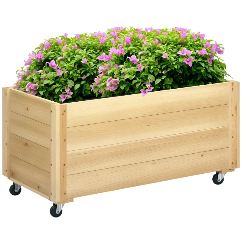 Outsunny Jardinieră de Gradină cu Orificiu de Drenaj și Căptușeală, Jardinieră din Lemn de Brad cu Roți, 89x48x47 cm, Lemn Natural