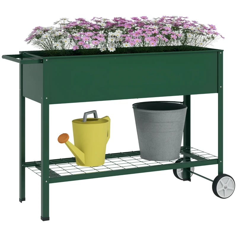 Outsunny Horta Vertical Elevada de Metal Horta Vertical com Rodas Alça Lateral e Prateleira Inferior para Cultivo 109x44x80 cm Verde