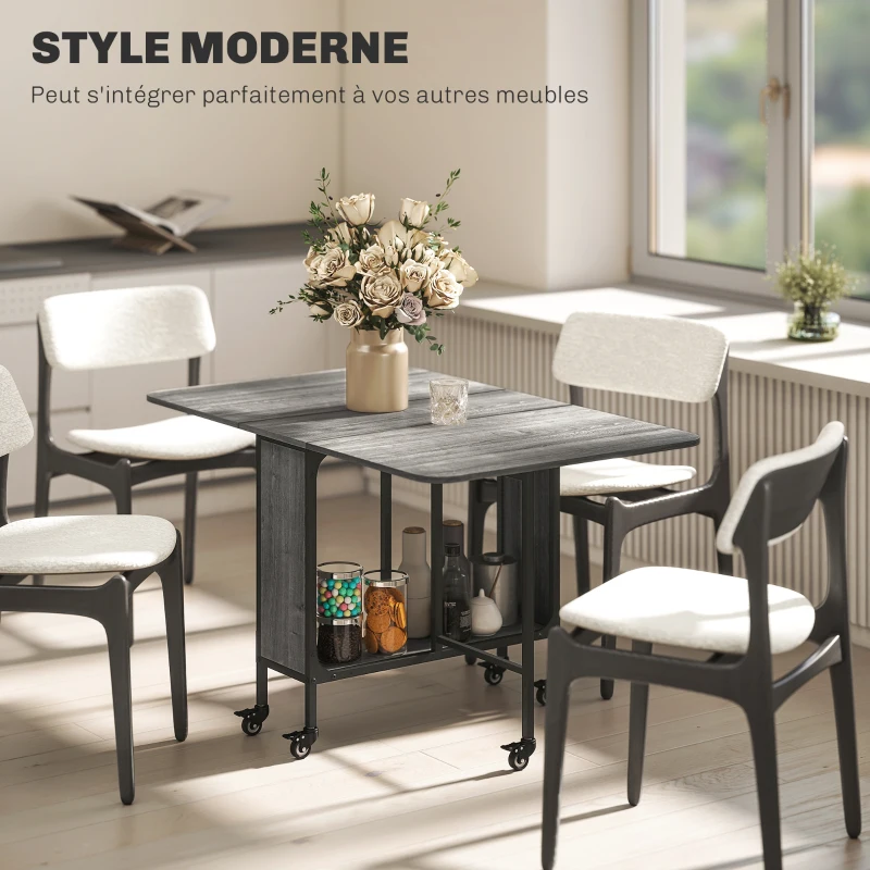 HOMCOM Table pliante de cuisine extensible salle à manger sur roulettes jusqu'à 6 personnes étagère intégrée, 6 roues, Gris