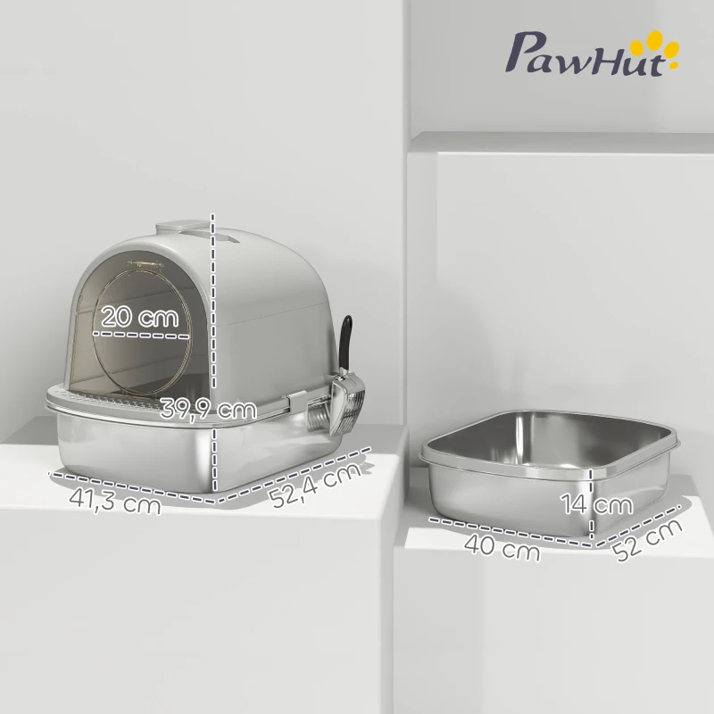PawHut Litière pour Chats en Acier Inoxydable avec Couvercle Sac Désodorisant Pelle Facile à Nettoyer 52,4x41,3x39,9 cm Gris