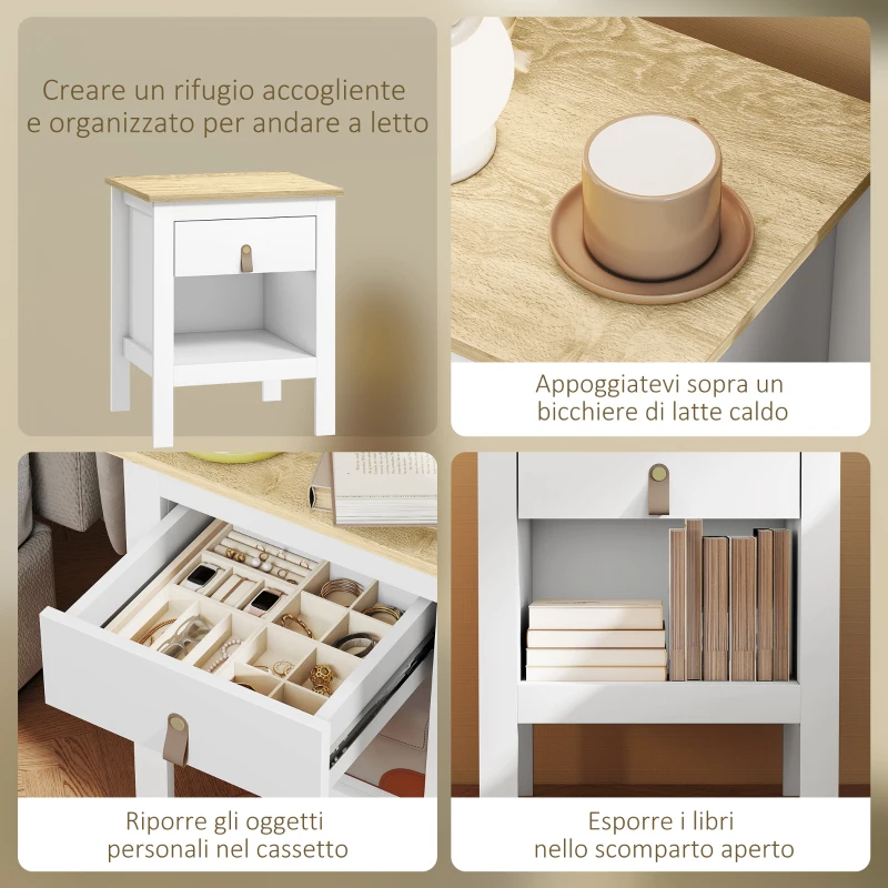 HOMCOM Set 2 Comodini con Cassetto e Ripiano Aperto in Legno, 45x40x55 cm, Bianco e Rovere