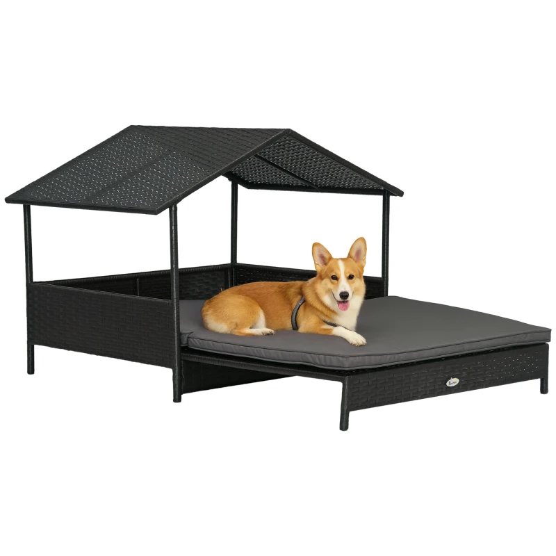 PawHut Extendable Elevated Dog Bed, Rattan Dog House w/ Water-Resistant Roof, Removable Cushion - Grey