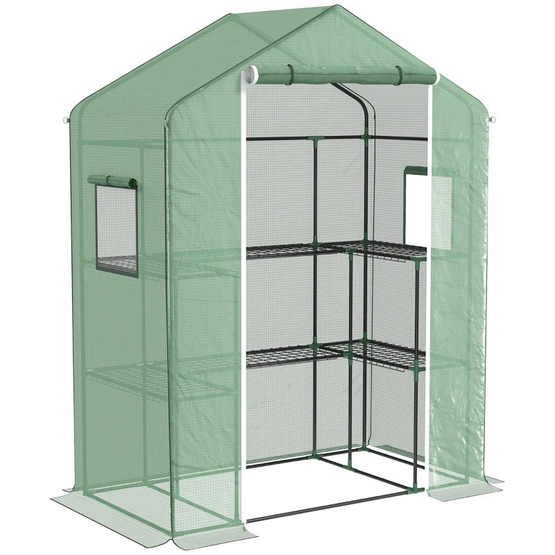 Outsunny Invernadero con 1 Puerta 2 Ventanas y Estantes de 2 Niveles en Forma de U para Cultivo de Plantas 140x73x190 cm Verde