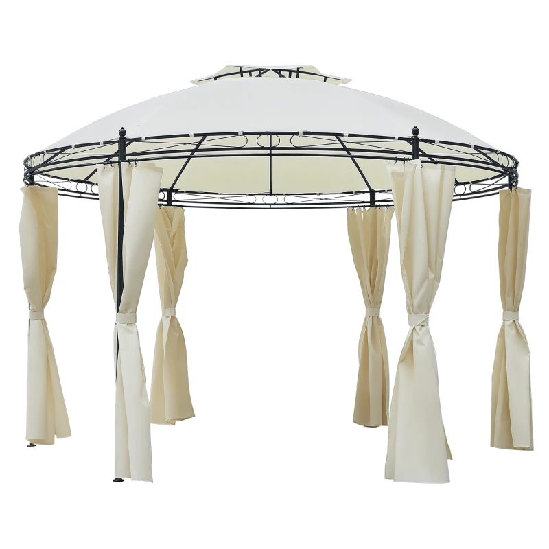 Outsunny Gazebo da Giardino Rotondo con Doppio Tettuccio, Cinghie e Tende, Ø3.5x2.8m, Bianco