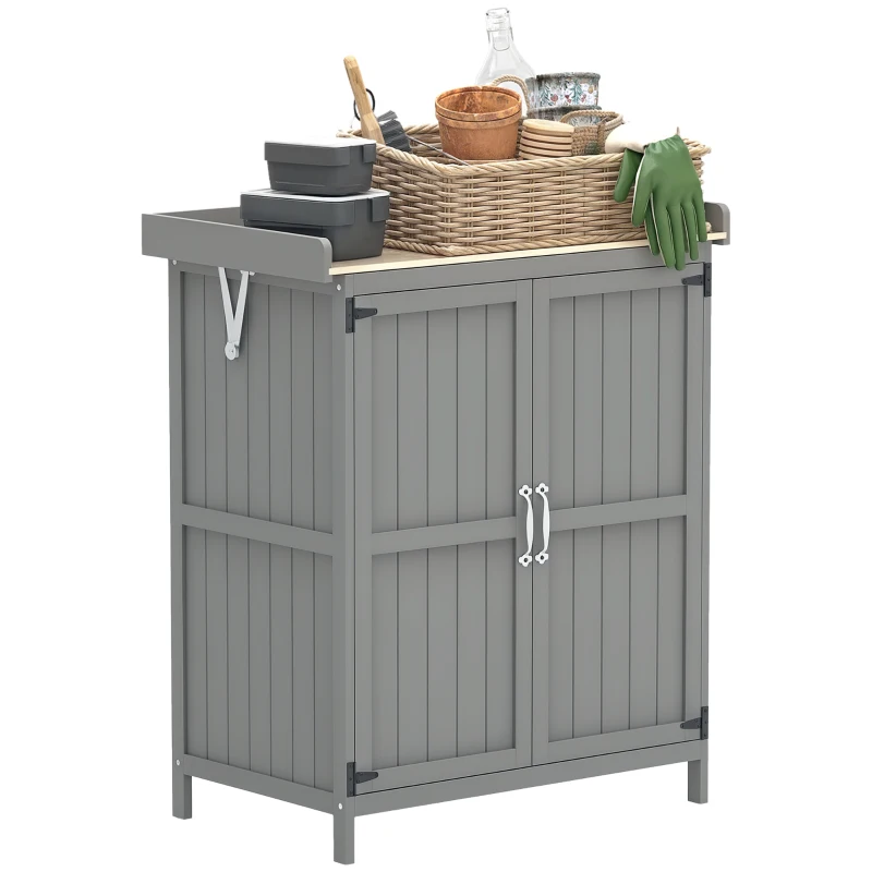 Outsunny Gartenschrank, Werkzeugschrank für den Außenbereich, mit Arbeitsfläche, Holz und Edelstahl, Doppeltüren, Grau(m-10)