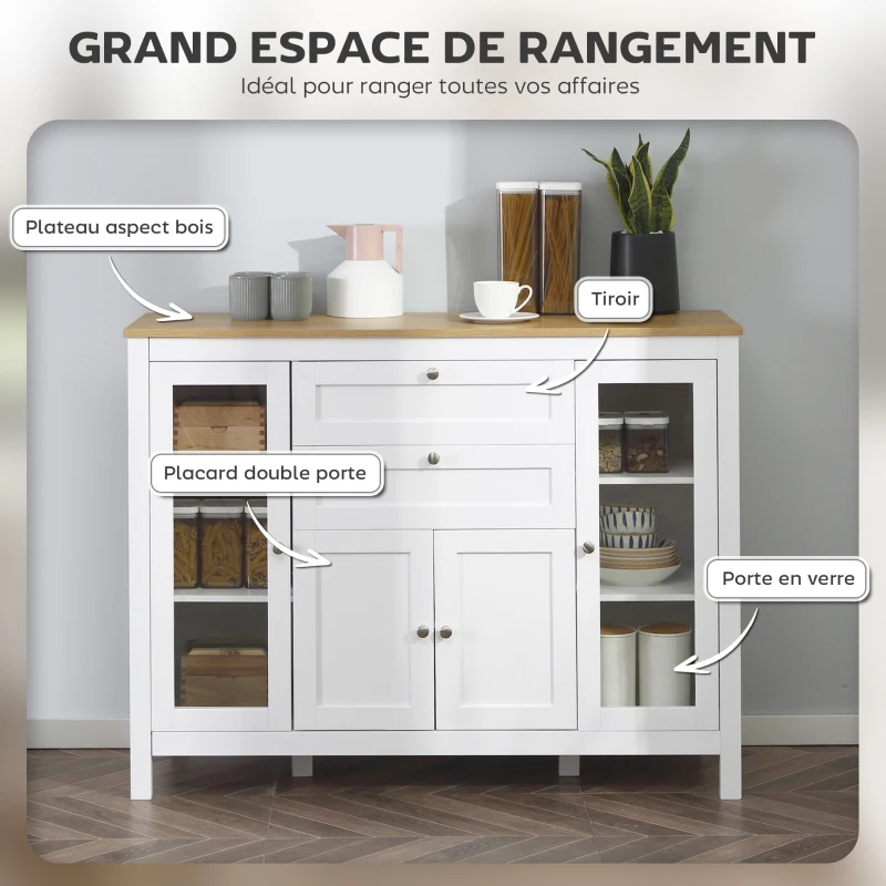 HOMCOM Buffet Salle à Manger avec 2 Portes Vitrées, Meuble de Rangement avec Étagères Réglables 2 Tiroirs 1 Placard, Style Moderne, 120 x 40 x 90 cm, Bois Naturel et Blanc(m-4)
