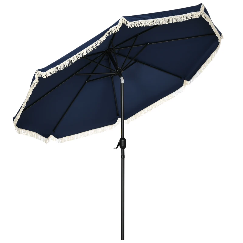 Outsunny Parasol inclinable rond Ø 268 cm avec franges polyester haute densité anti-UV mât démontable 8 baleines - bleu
