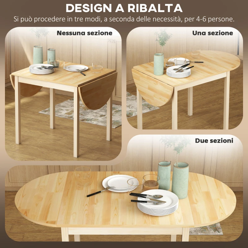 HOMCOM Tavolo Allungabile a Ribalta per 4-6 Persone in Legno di Pino, 140x70x75 cm, color Legno