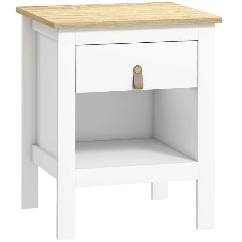 HOMCOM Mesilla de Noche con 1 Cajón Compartimento Abierto Tirador de PU Mesa Auxiliar para Salón Dormitorio 45x40x55 cm Blanco