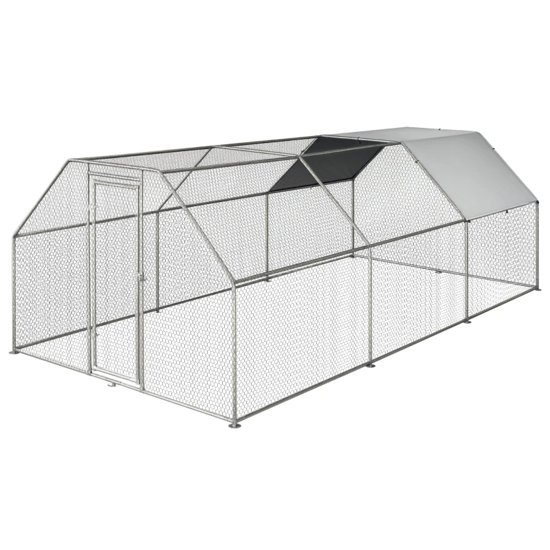 PawHut Gallinero de Exterior 2,8x5,7x1,95 m Gallinero Grande Cubierta de Tela Oxford y Corral de Metal Galvanizado Plata