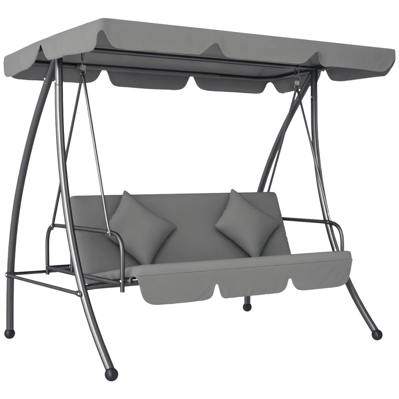 Outsunny Outdoor 2-in-1 Swing Chair Lounger 3 Seater Garden Swing Seat Bed Convertible Tilt Canopy W/ Cushion, Light Grey