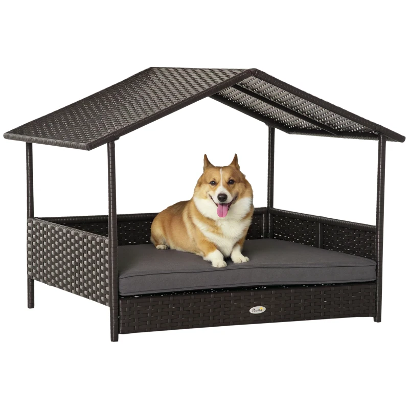 PawHut Wicker Dog Bed, Elevated Rattan Dog House with Removable Cushion and Canopy, for Small and Medium Dogs, 98 x 69 x 70cm - Grey