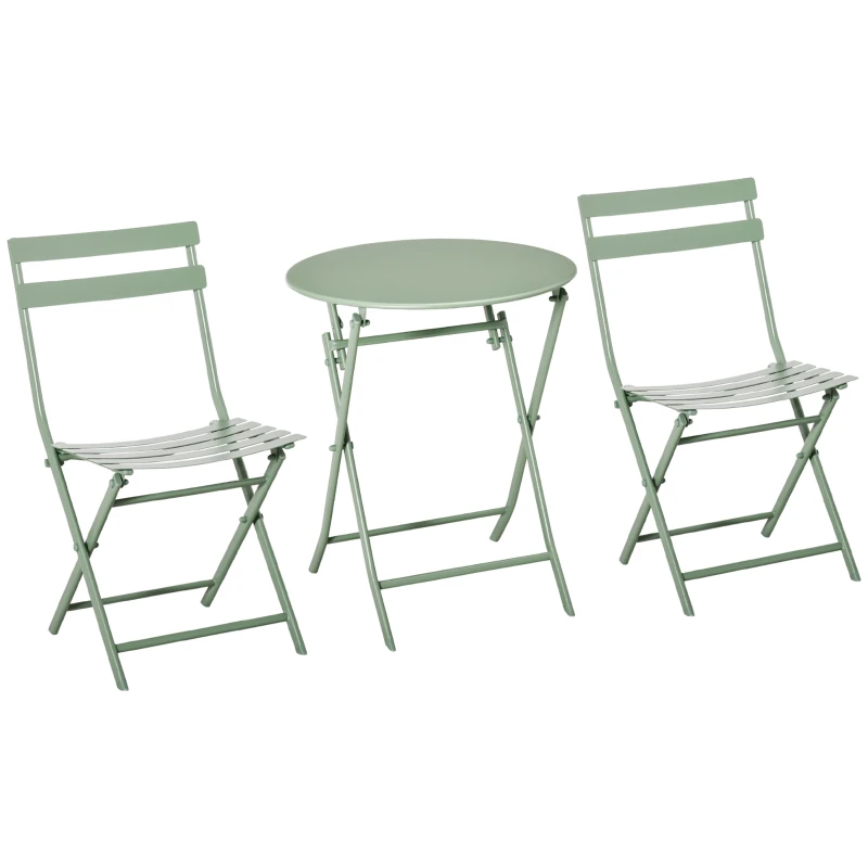Outsunny Conjunto de Muebles de Jardín Plegable Juego de 1 Mesa y 2 Sillas de Terraza con Marco de Acero y Respaldo Verde Oscuro