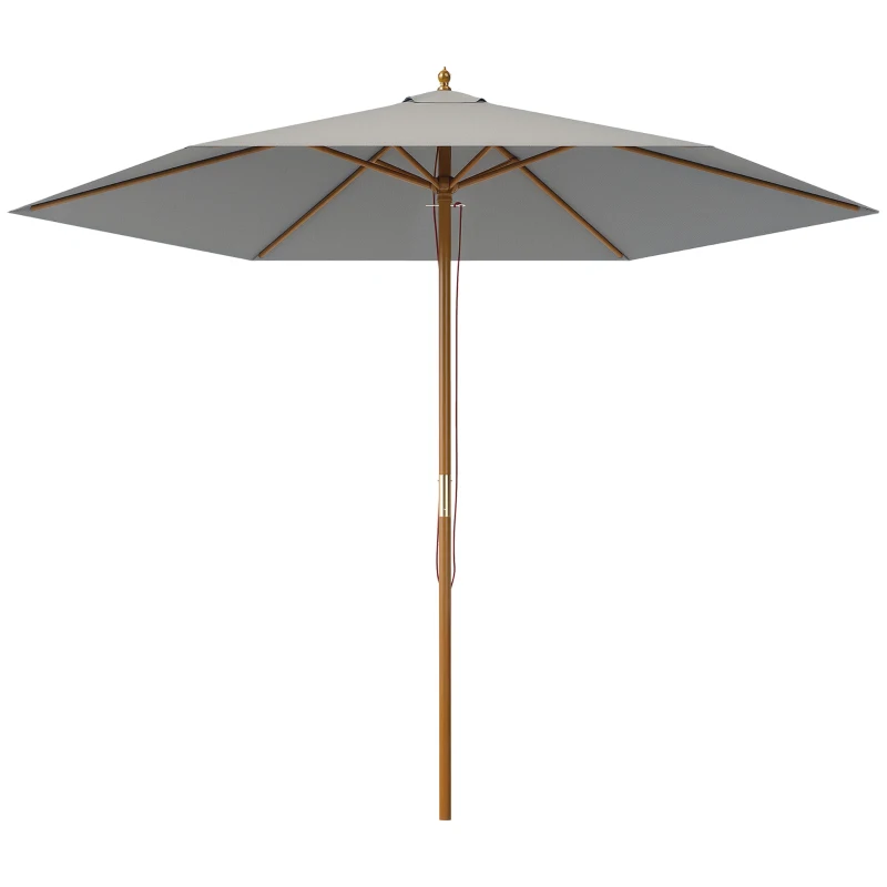 Outsunny 2.5m Wood Garden Parasol Sun Shade Patio Outdoor Wooden Umbrella Canopy, Table Market Umbrella with Vent, 38mm Pole, Rope Pulley Mechanism, Light Grey