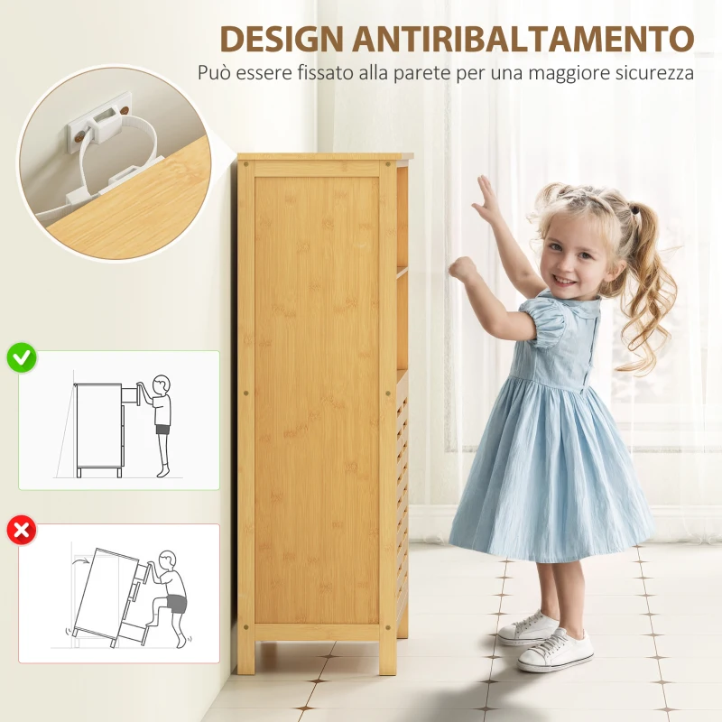 kleankin Mobiletto Bagno Salvaspazio in Legno con Armadietto, 2 Ante e 2 Ripiani Aperti, 50x29x92 cm