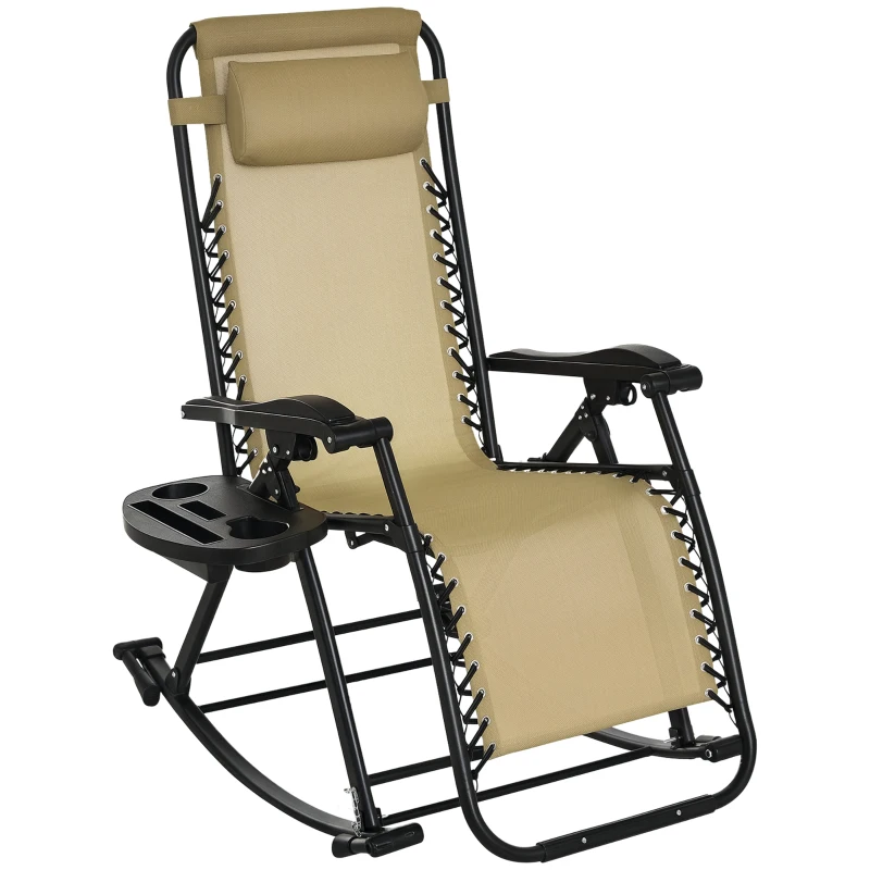 Outsunny Sedia Sdraio a Dondolo Ergonomica Reclinabile con Poggiapiedi e Porta Bicchieri da Giardino Texteline, Beige, 120x67x102cm