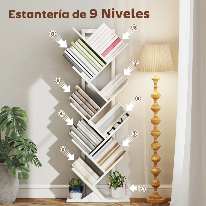 HOMCOM Estantería en Forma de Árbol con 9 Estantes y Sistema Antivuelco para Salón Dormitorio 50x24x136 cm Blanco