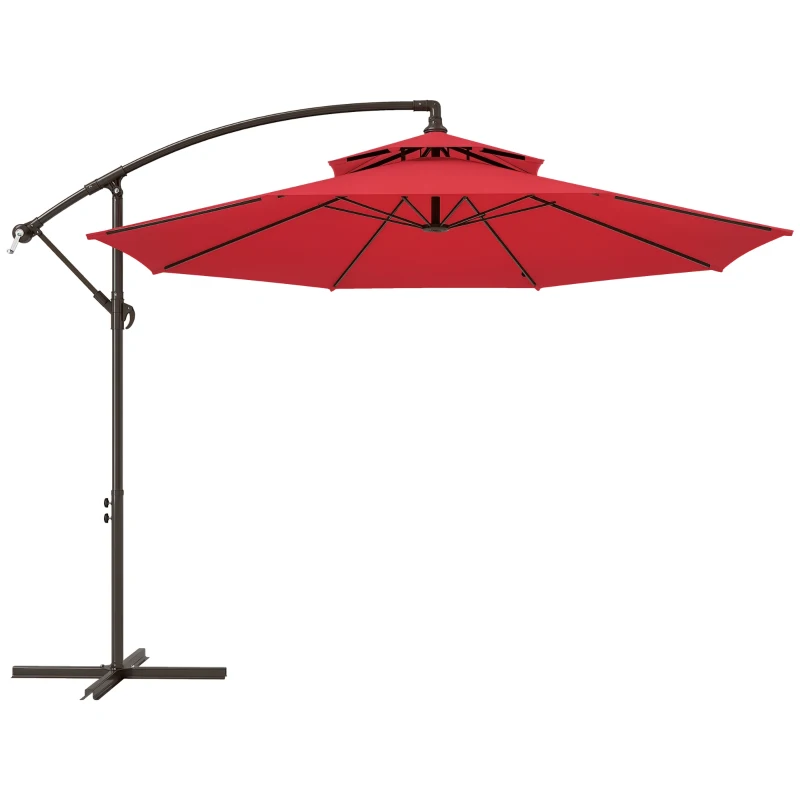 Outsunny Parasol déporté octogonal double toit inclinable manivelle avec pied en croix acier polyester Ø 2,67 x 2,65H m rouge