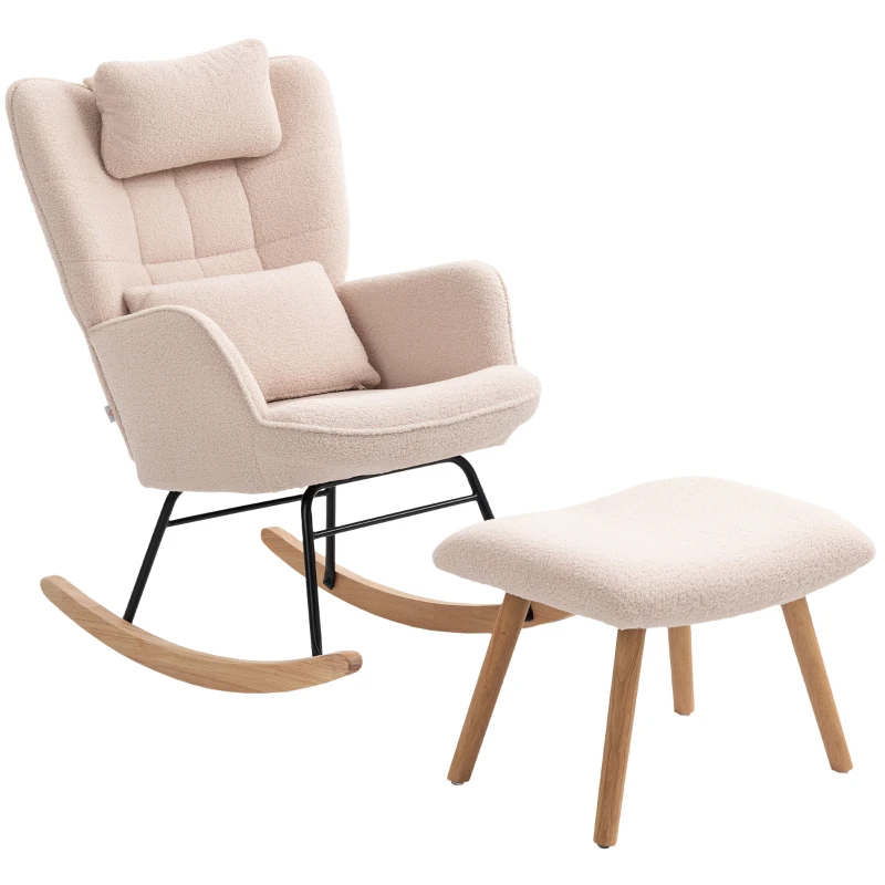 HOMCOM Sillón mecedora con reposapiés, cubierta de felpa suave, patas de madera, cojines, respaldo alto, sillón mecedor, Beige