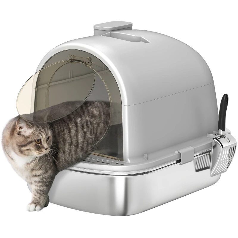 PawHut Lettiera per Gatti in Acciaio Inox con Coperchio Sacchetto Deodorante Paletta Facile da Pulire 52,4x41,3x39,9 cm Grigio